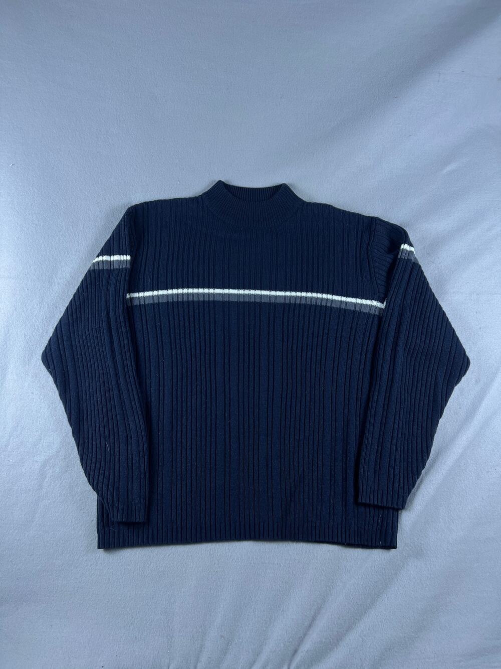 Vintage Industrial Exchange Sweater Mens XL Blue Mock Neck Striped Ribbed Knit